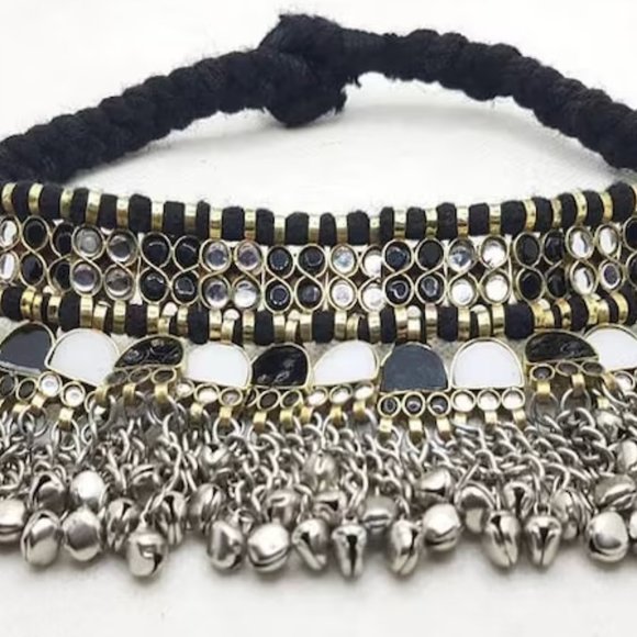 Turkmen Handmade Choker With Black and White Stones, Tribal Ethnic Choker - Picture 2 of 6